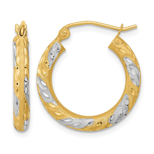14k White Rhodium Diamond-cut Satin Hoop Earrings