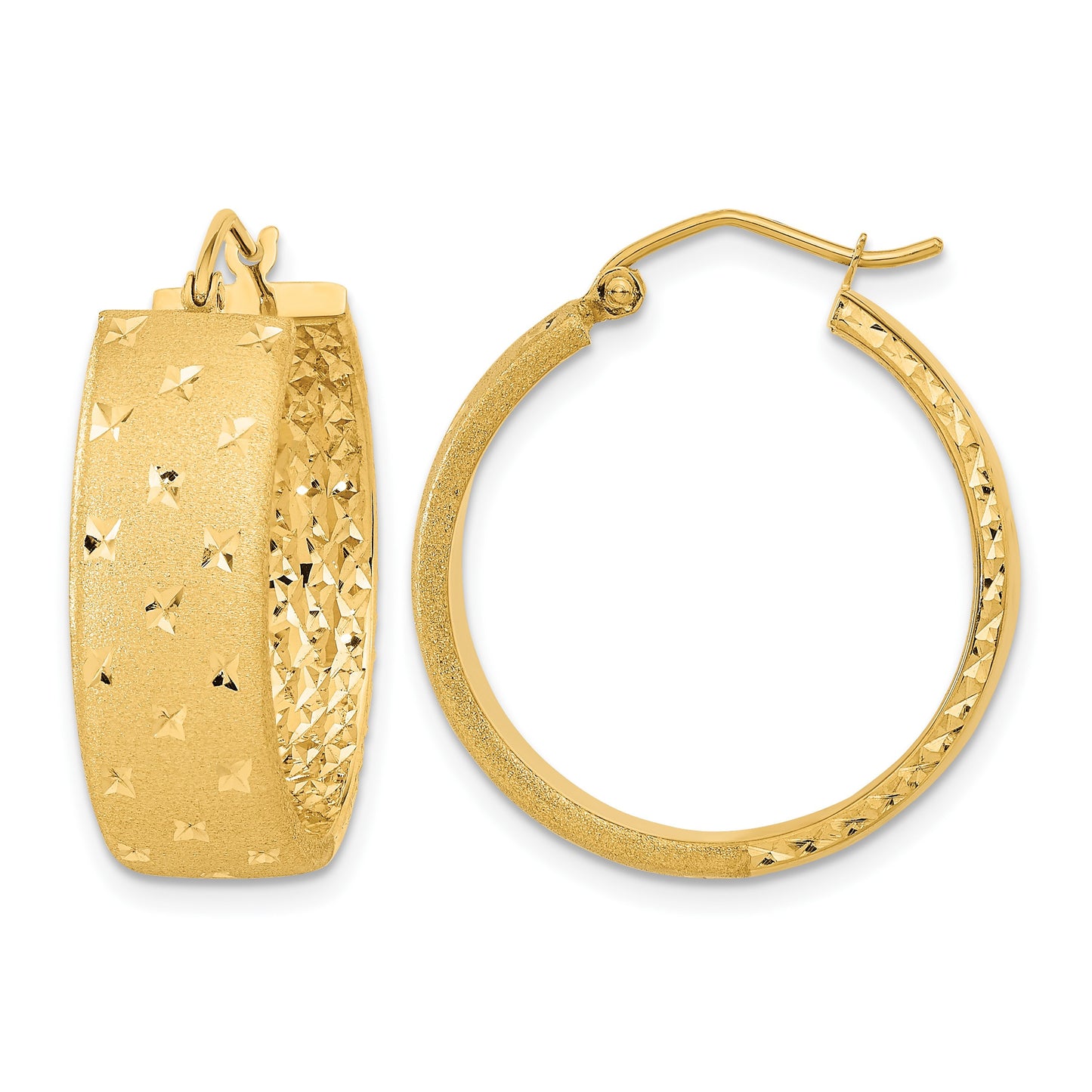14k Polished Satin and Diamond-cut Hoop Earrings