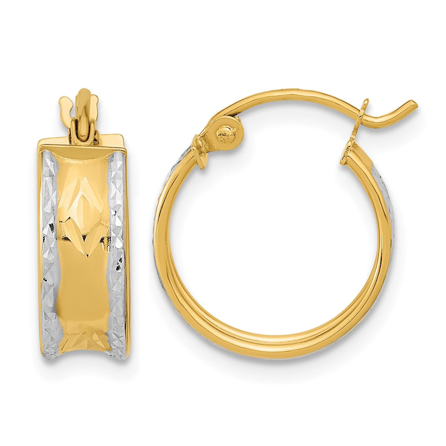 14k White Rhodium Polished Diamond-cut Hoops
