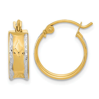 14k White Rhodium Polished Diamond-cut Hoops