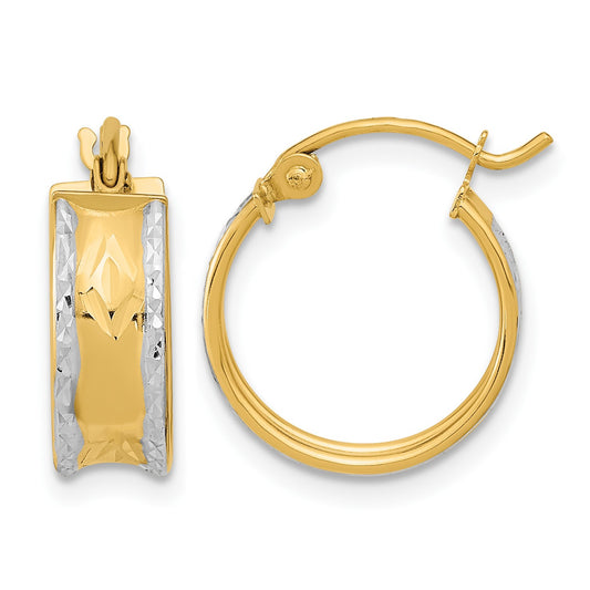 14k White Rhodium Polished Diamond-cut Hoops
