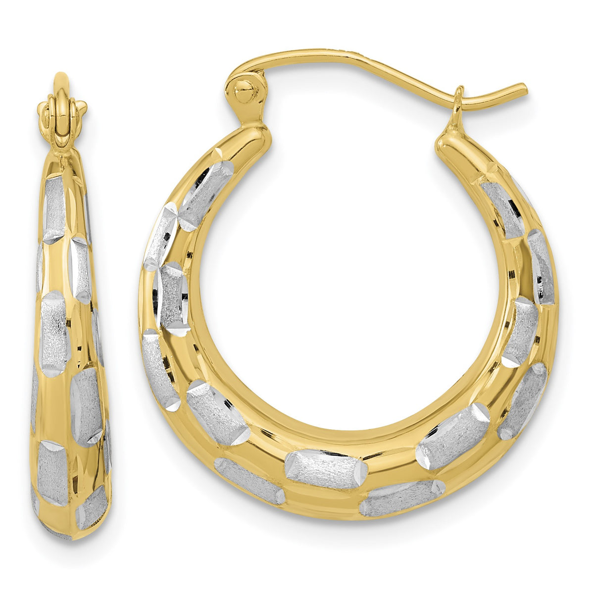14k White Rhodium Polished Satin Diamond-cut Hoop Earrings