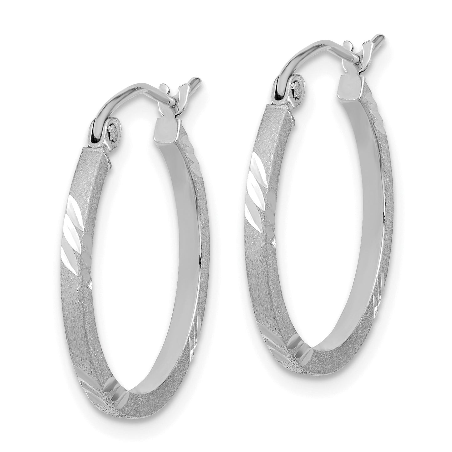 14k White Gold 1.75x21mm Satin Diamond-cut Square Tube Hoop Earrings