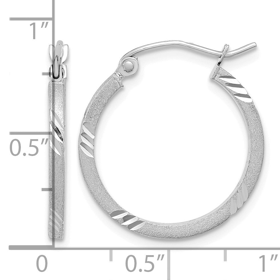 14k White Gold 1.75x21mm Satin Diamond-cut Square Tube Hoop Earrings