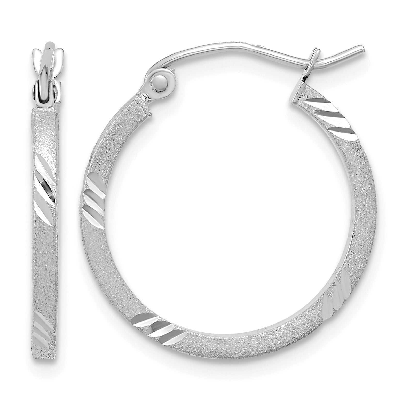 14k White Gold 1.75x21mm Satin Diamond-cut Square Tube Hoop Earrings