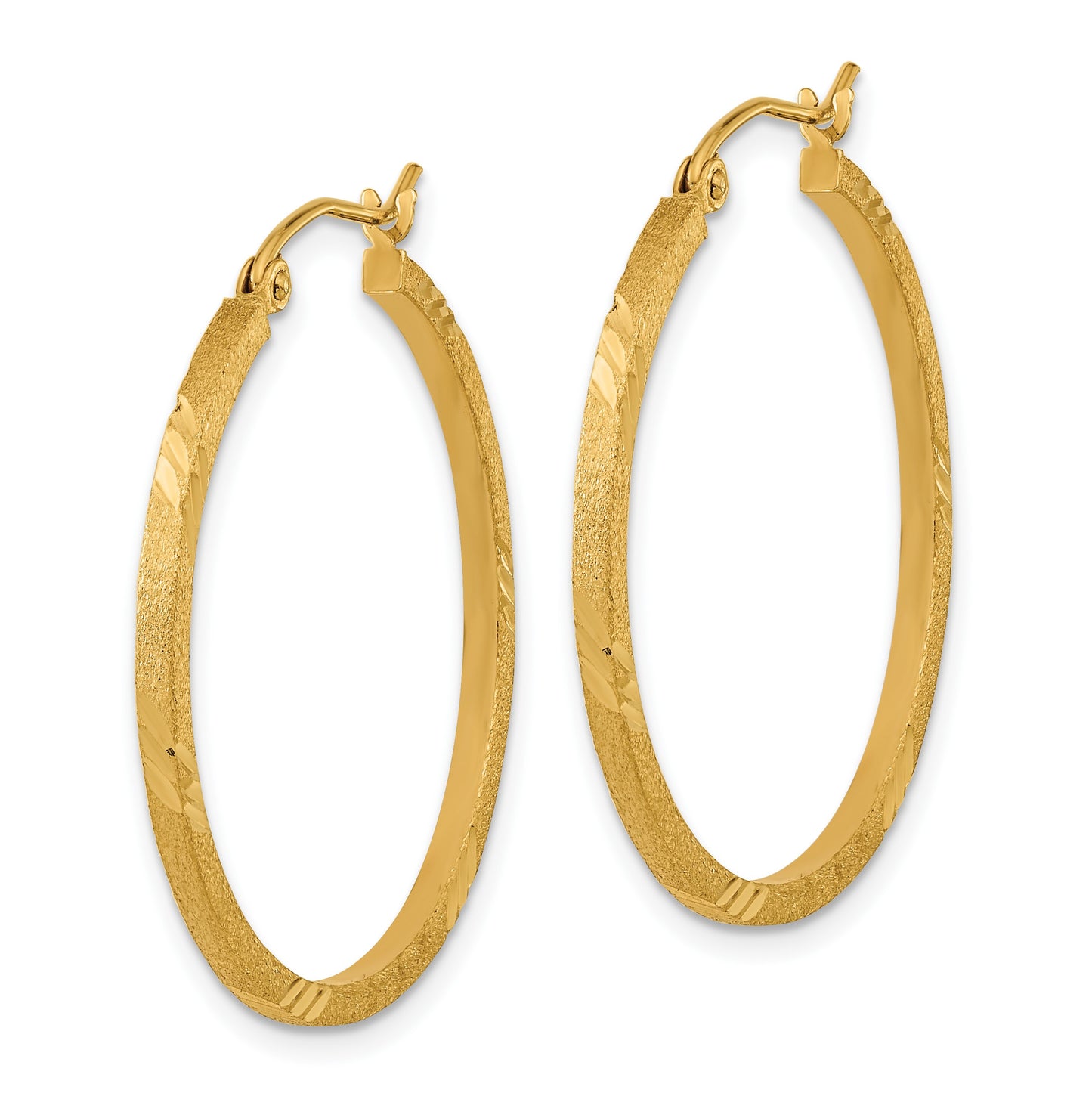 14k 1.75x30mm Satin Diamond-cut Square Tube Hoop Earrings