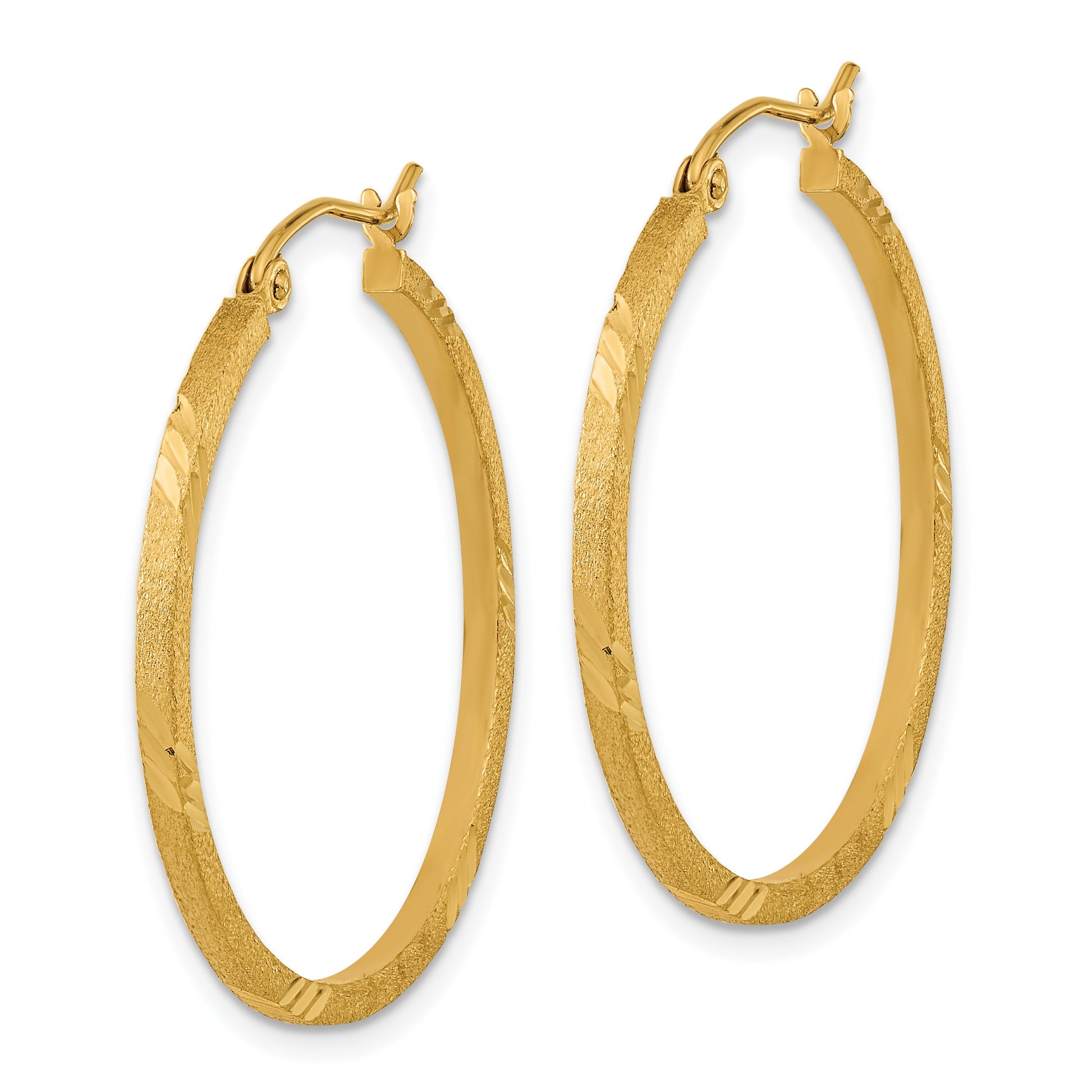14k 1.75x30mm Satin Diamond-cut Square Tube Hoop Earrings