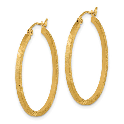 14k 1.75x30mm Satin Diamond-cut Square Tube Hoop Earrings