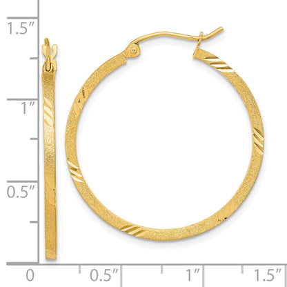 14k 1.75x30mm Satin Diamond-cut Square Tube Hoop Earrings