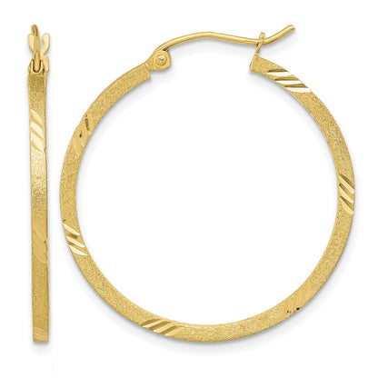 14k 1.75x30mm Satin Diamond-cut Square Tube Hoop Earrings