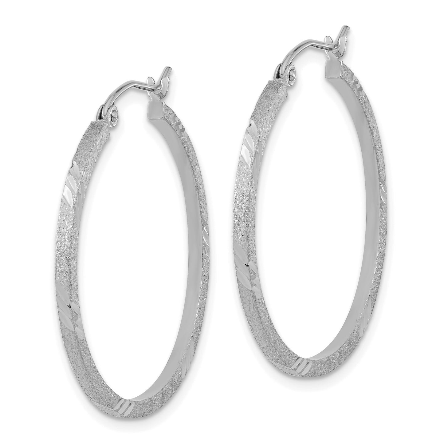 14k White Gold 1.75x30mm Satin Diamond-cut Square Tube Hoop Earrings