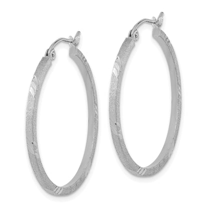 14k White Gold 1.75x30mm Satin Diamond-cut Square Tube Hoop Earrings