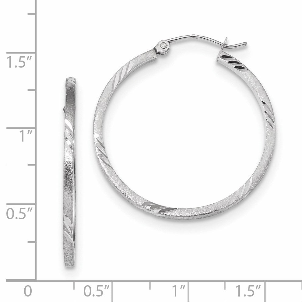 14k White Gold 1.75x30mm Satin Diamond-cut Square Tube Hoop Earrings