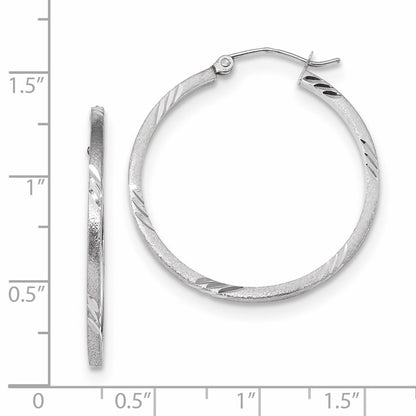 14k White Gold 1.75x30mm Satin Diamond-cut Square Tube Hoop Earrings