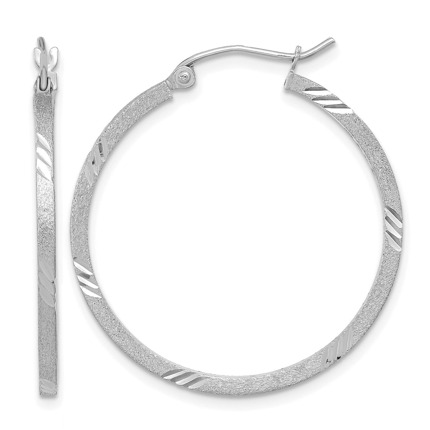 14k White Gold 1.75x30mm Satin Diamond-cut Square Tube Hoop Earrings