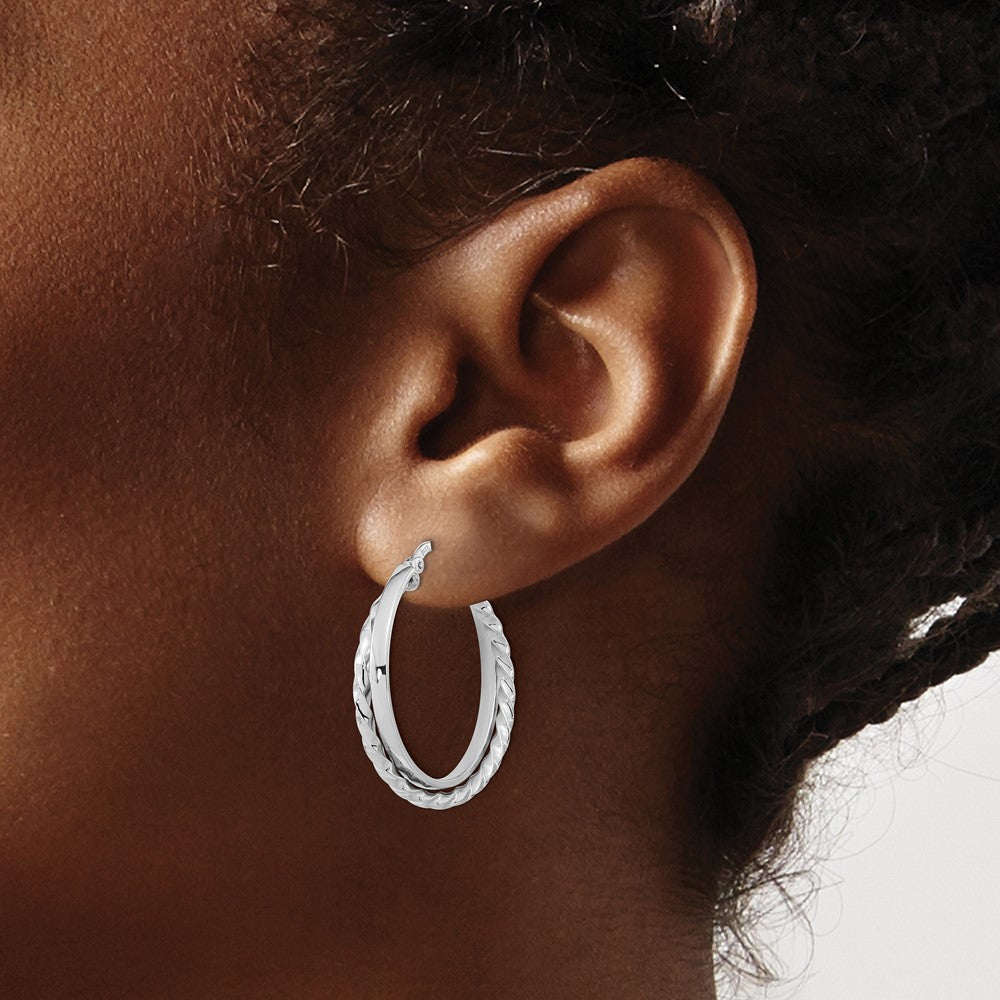 14K White Gold Polished and Textured Hinged Hoop Earrings