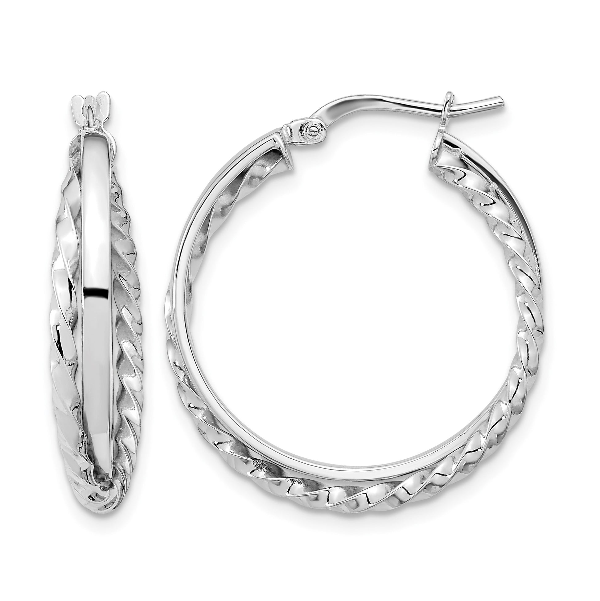 14K White Gold Polished and Textured Hinged Hoop Earrings