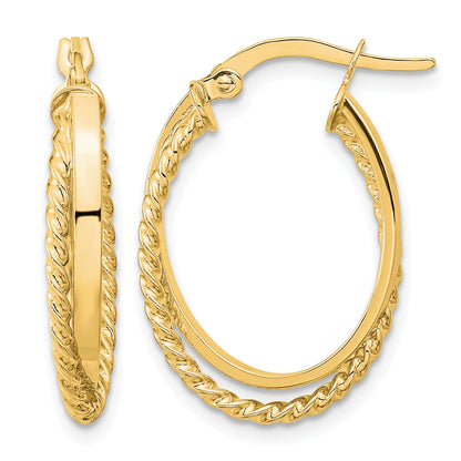 14K Polished & Textured Oval Hoop Earrings