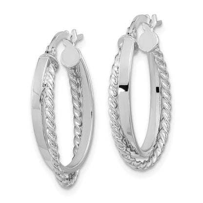 14K White Gold Polished and Textured Oval Hoop Earrings