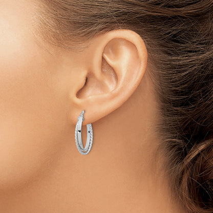 14K White Gold Polished and Textured Oval Hoop Earrings