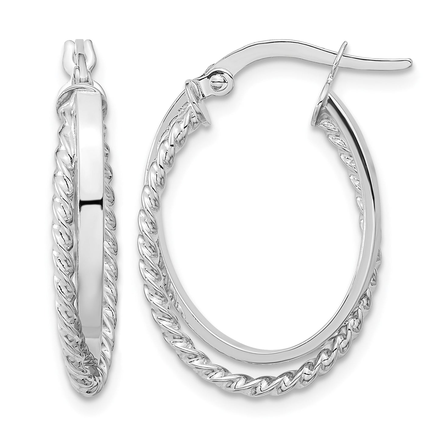 14K White Gold Polished and Textured Oval Hoop Earrings