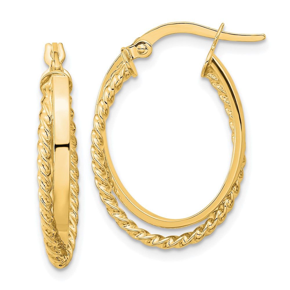 14K Polished & Textured Oval Hinged Hoop Earrings