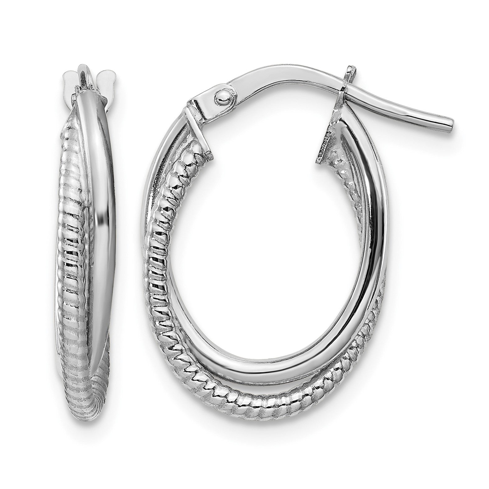 14k White Gold Polished and Textured Double Oval Hoops
