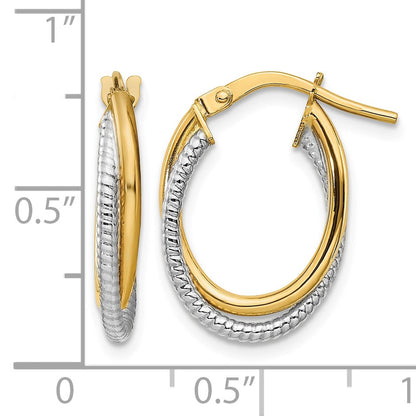 14k Two-Tone Polished Textured Double Oval Hoops