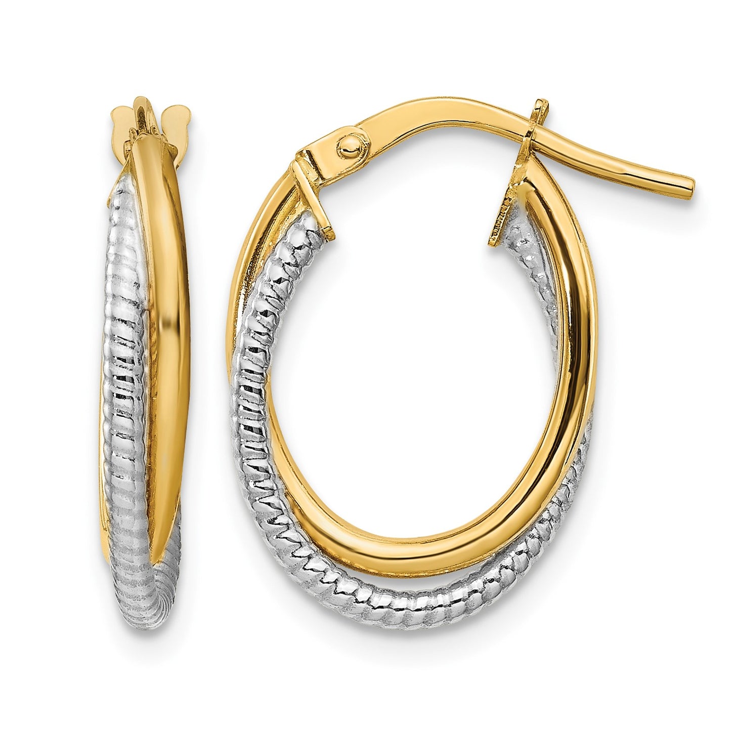 14k Two-Tone Polished Textured Double Oval Hoops