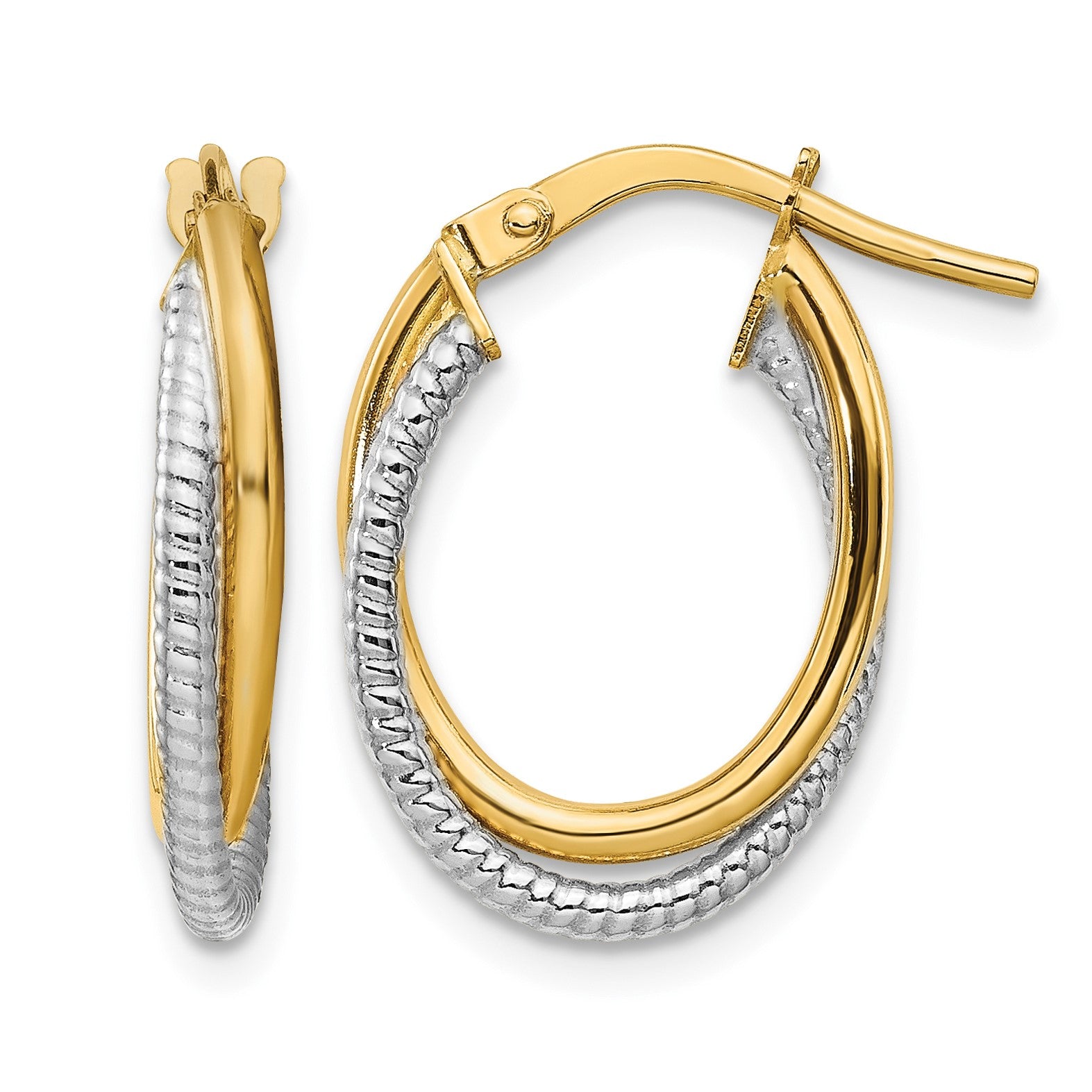 14k Two-Tone Polished Textured Double Oval Hoops