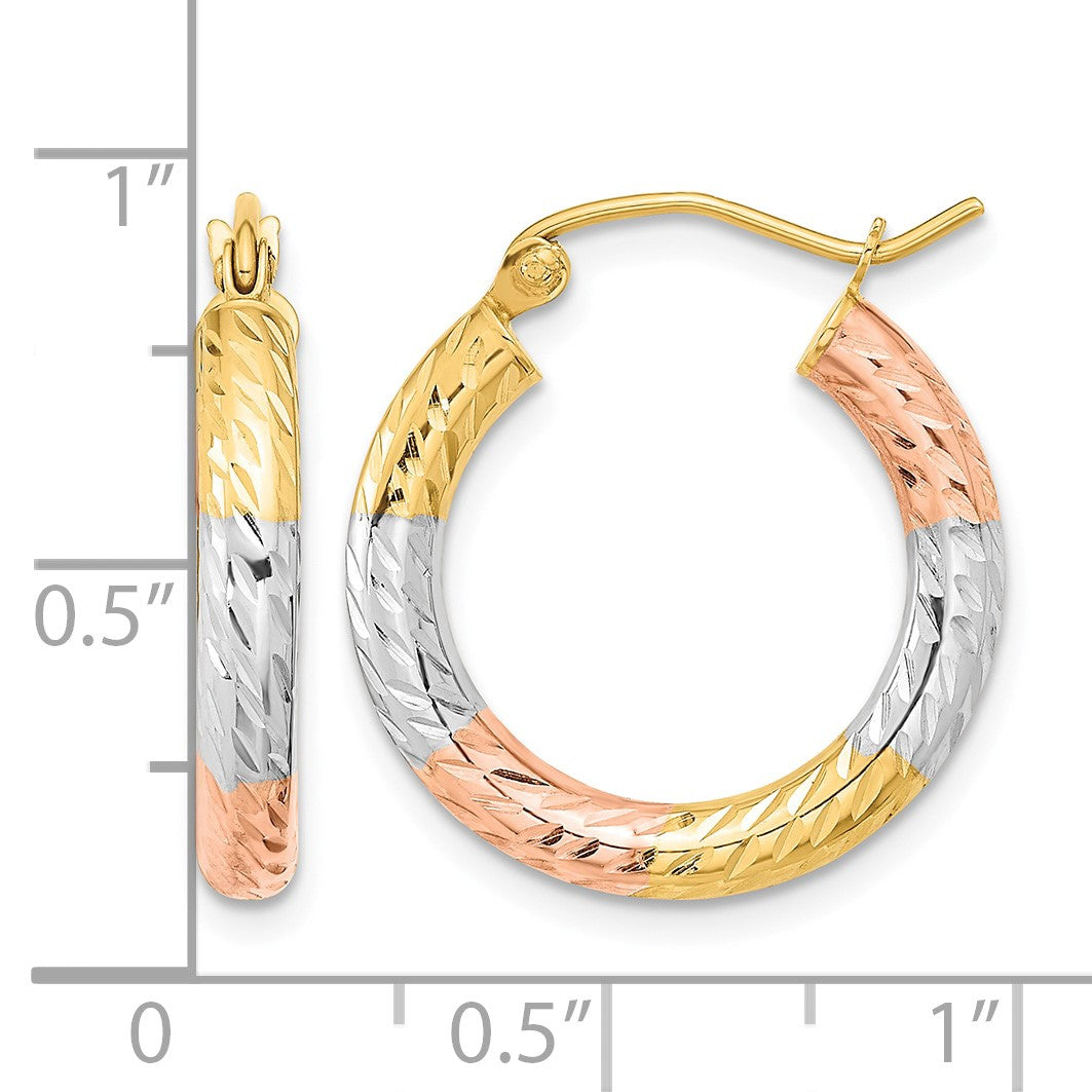 14k w/White and Rose Rhodium Polished Diamond-cut Hoop Earrings