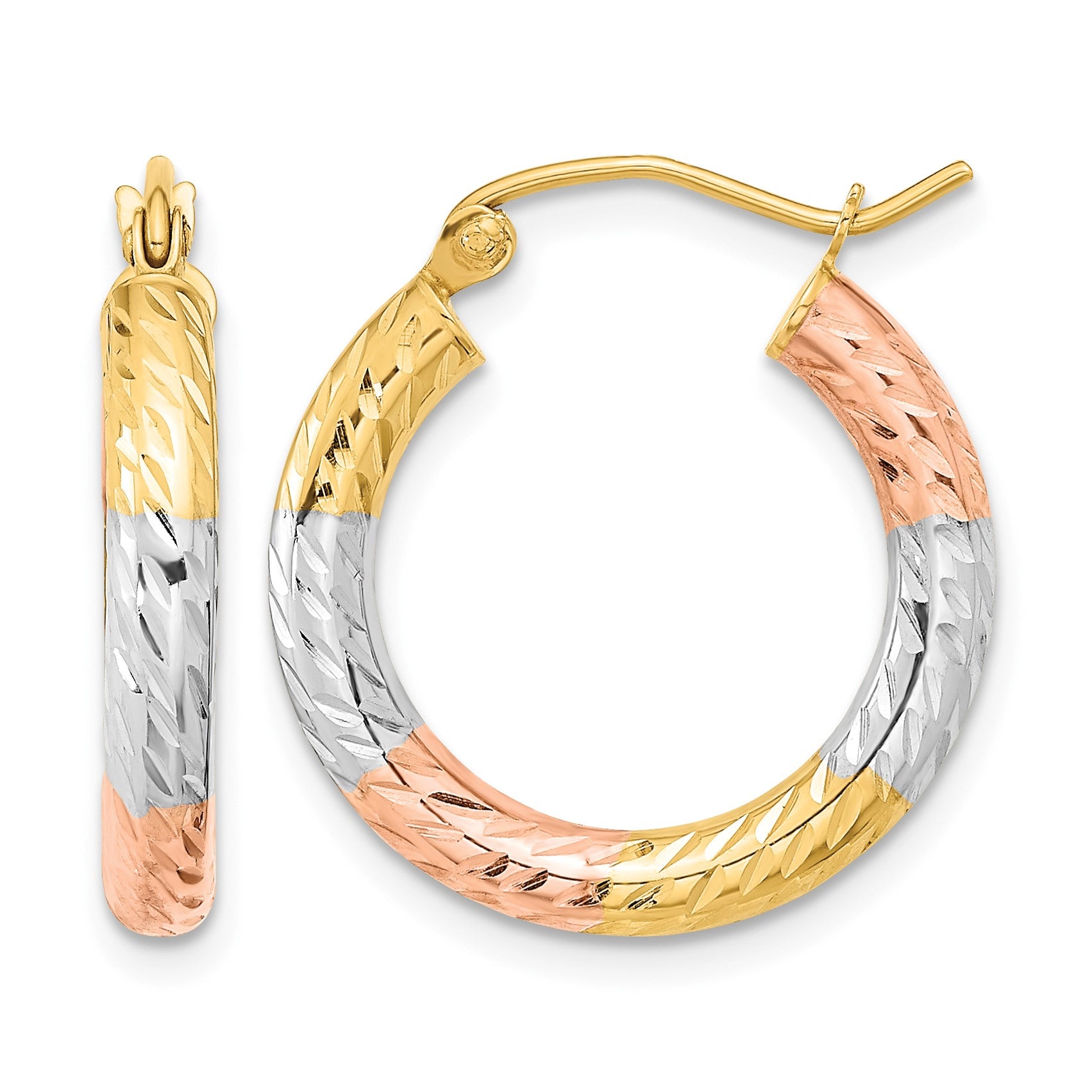 14k w/White and Rose Rhodium Polished Diamond-cut Hoop Earrings