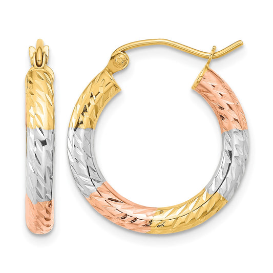 14k w/White and Rose Rhodium Polished Diamond-cut Hoop Earrings