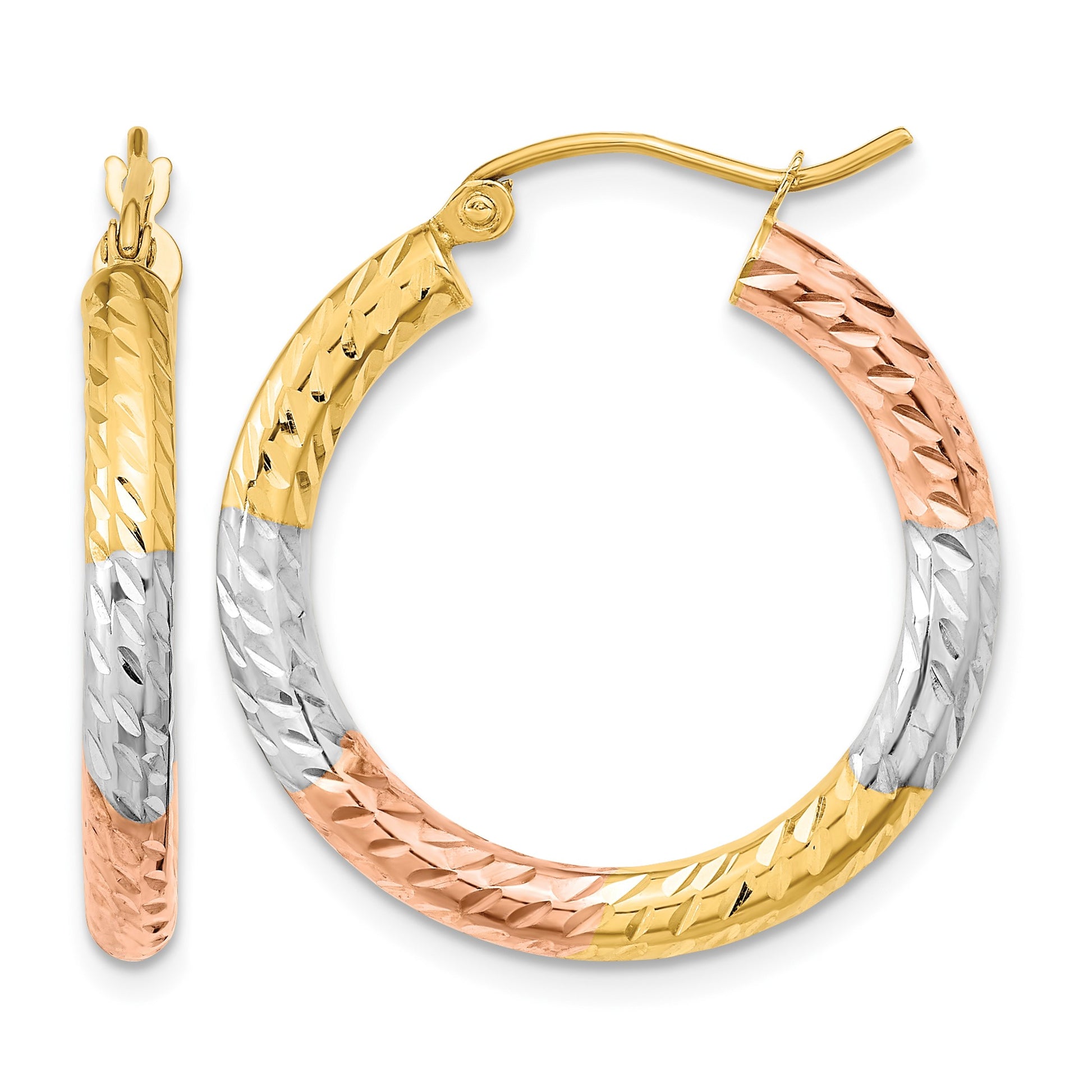 14k w/White and Rose Rhodium Polished Diamond-cut Hoop Earrings