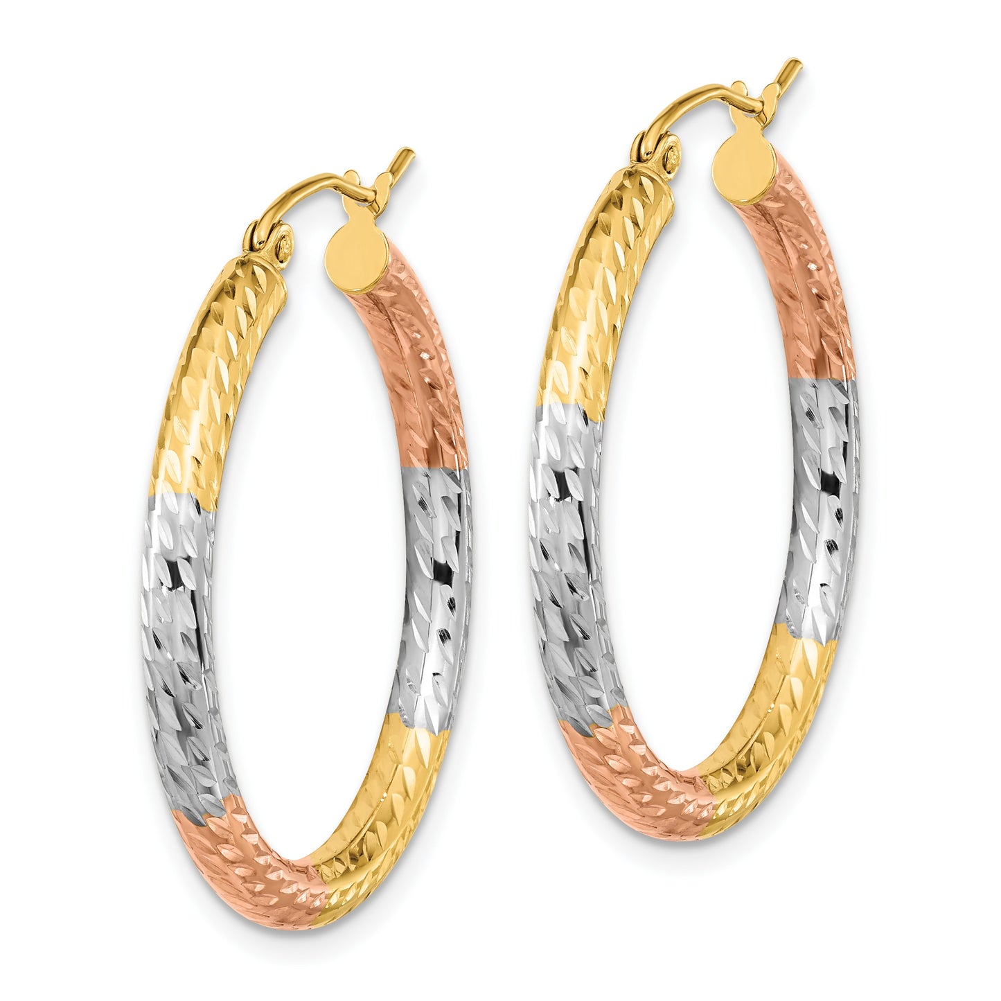 14k w/White and Rose Rhodium Polished Diamond-cut Hoop Earrings