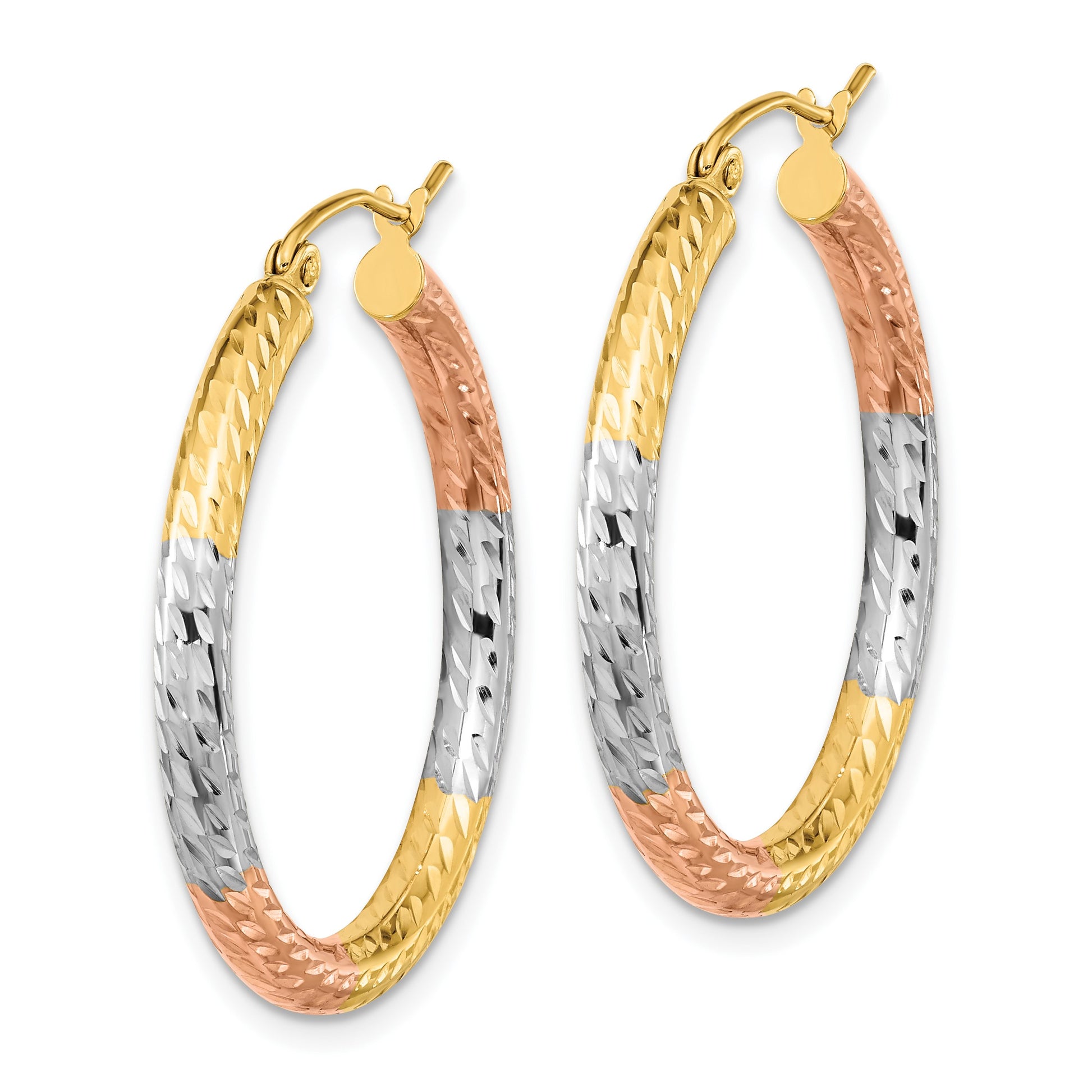 14k w/White and Rose Rhodium Polished Diamond-cut Hoop Earrings
