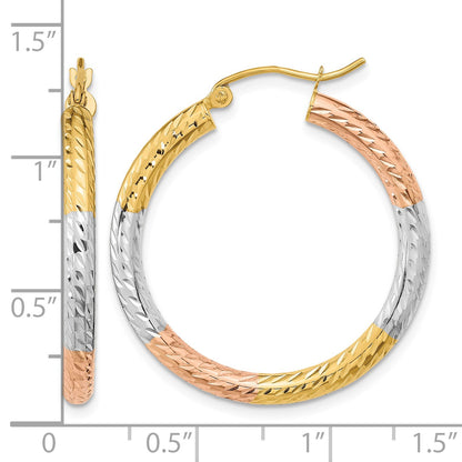 14k w/White and Rose Rhodium Polished Diamond-cut Hoop Earrings