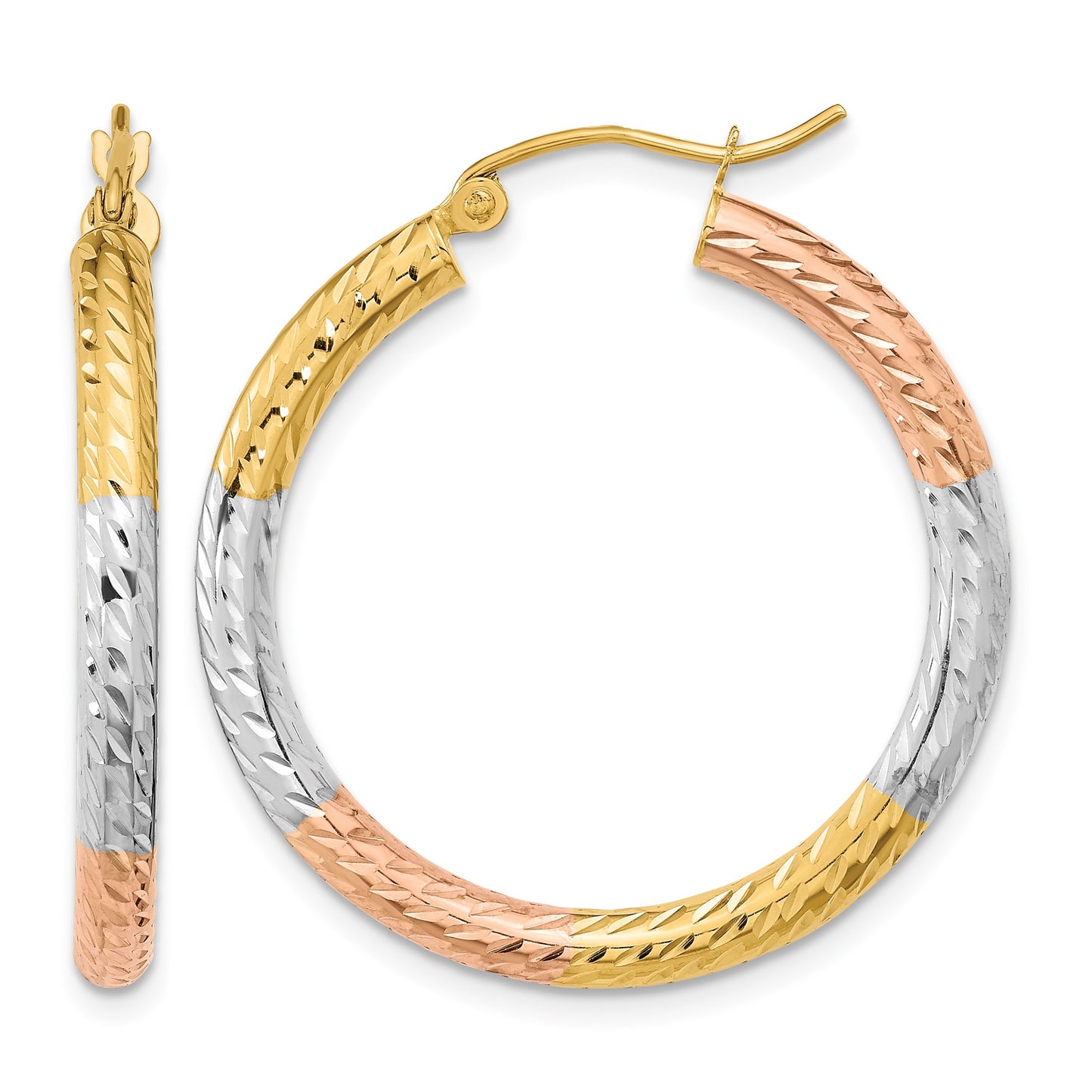 14k w/White and Rose Rhodium Polished Diamond-cut Hoop Earrings