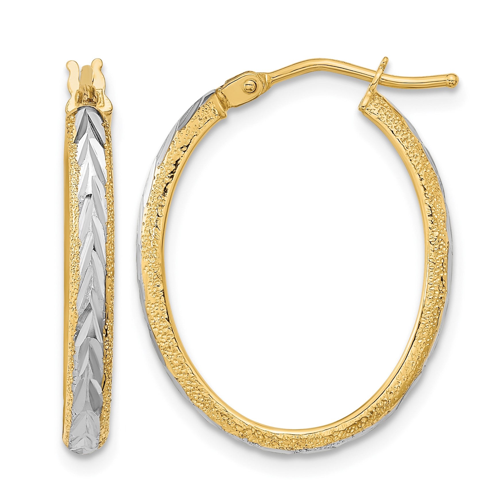 14k White Rhodium Diamond-cut Textured Hoop Earrings