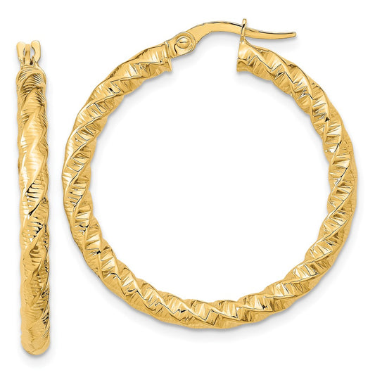 14k Gold Polished 3mm Twisted Hoop Earrings