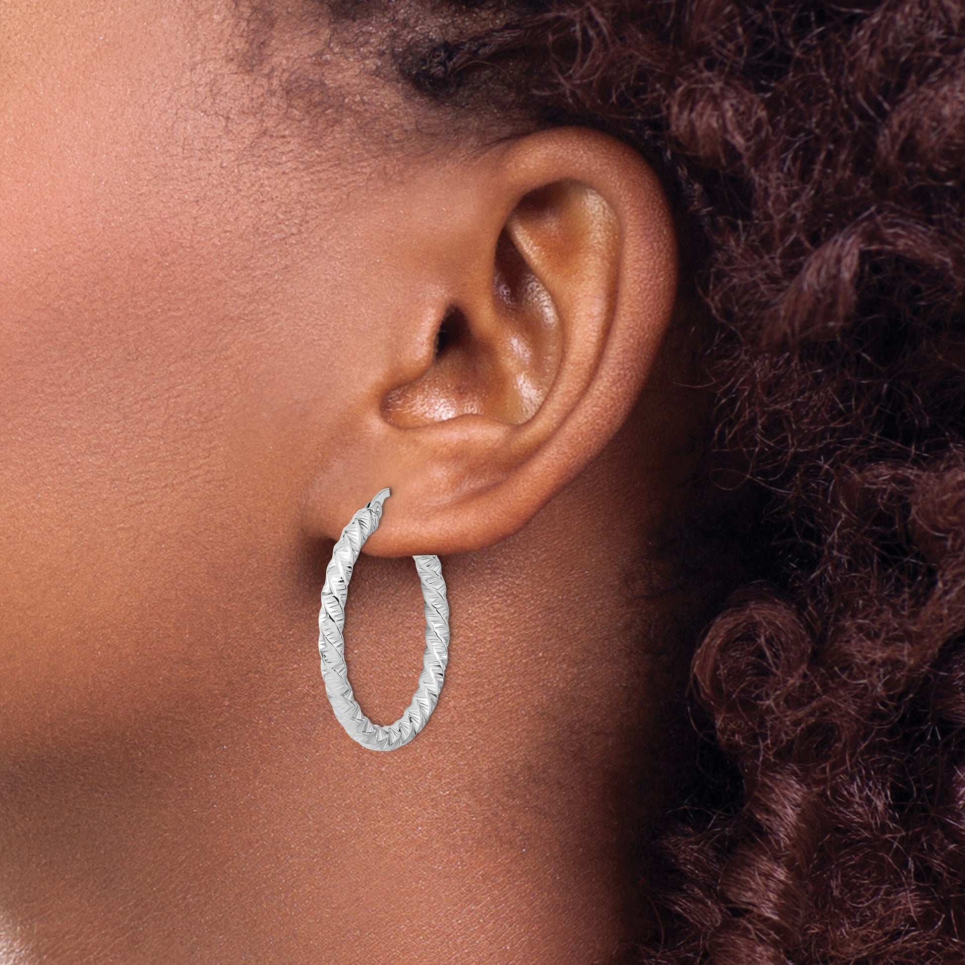 14k White Gold Polished 3mm Twisted Hoop Earrings