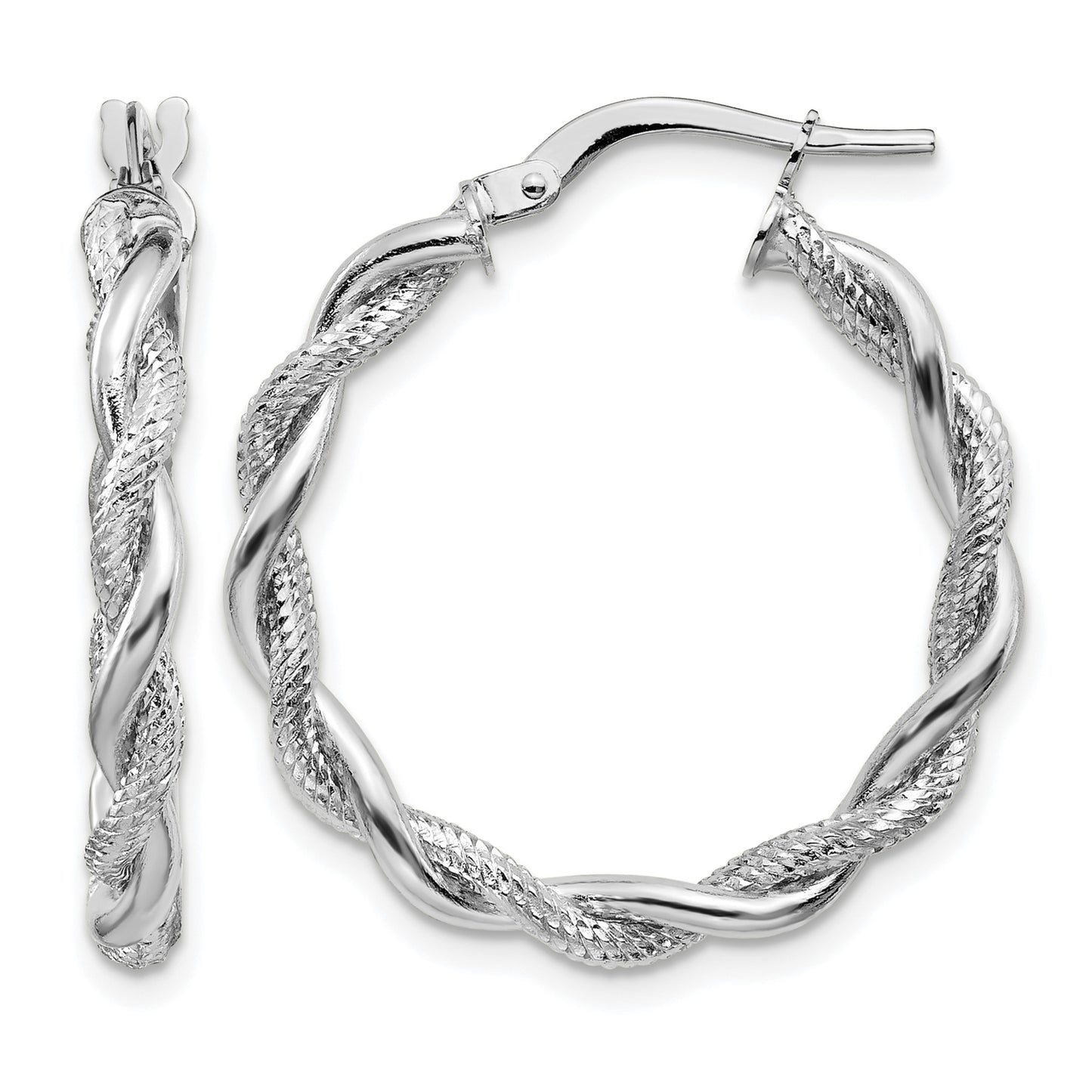 14k White Gold Medium 3mm Polished & Diamond-cut Twisted Hoops