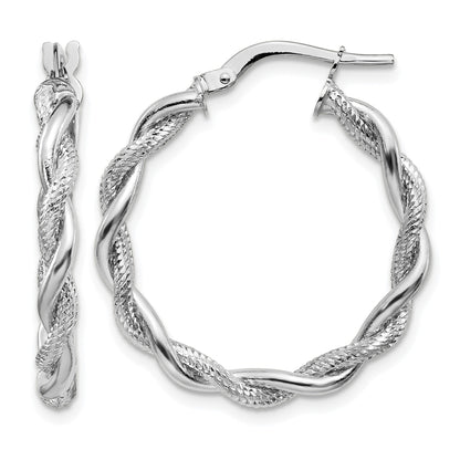 14k White Gold Medium 3mm Polished & Diamond-cut Twisted Hoops