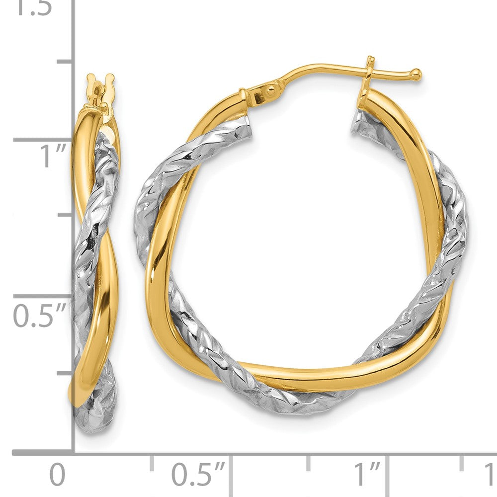 14k Two-tone Polished and Textured Twisted Hoop Earrings