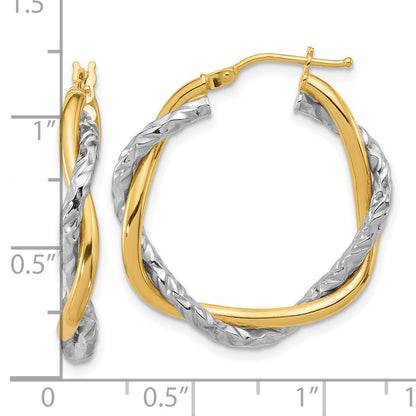 14k Two-tone Polished and Textured Twisted Hoop Earrings