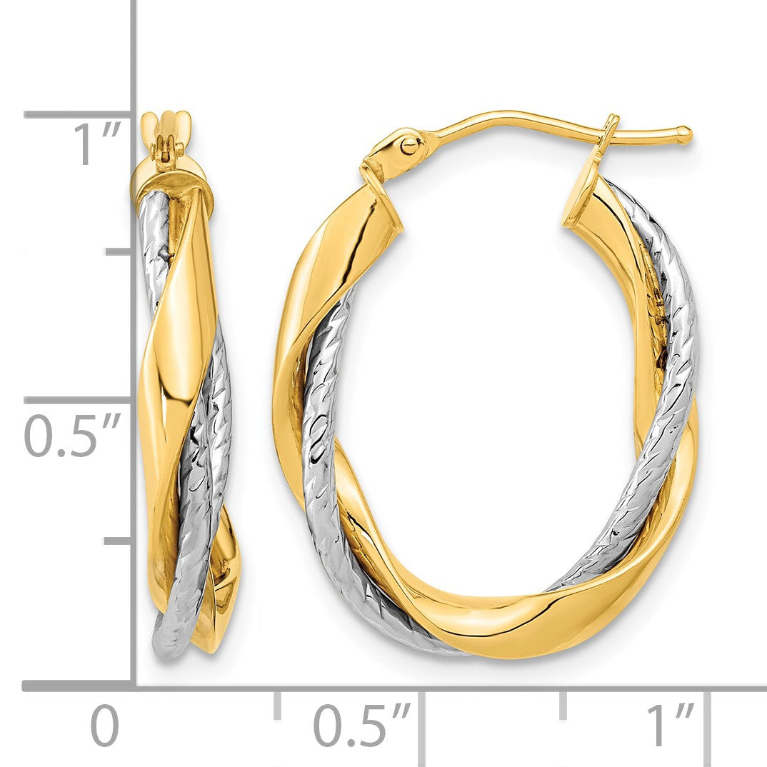 14k Two-tone Polished Rope Twisted Oval Hoop Earrings
