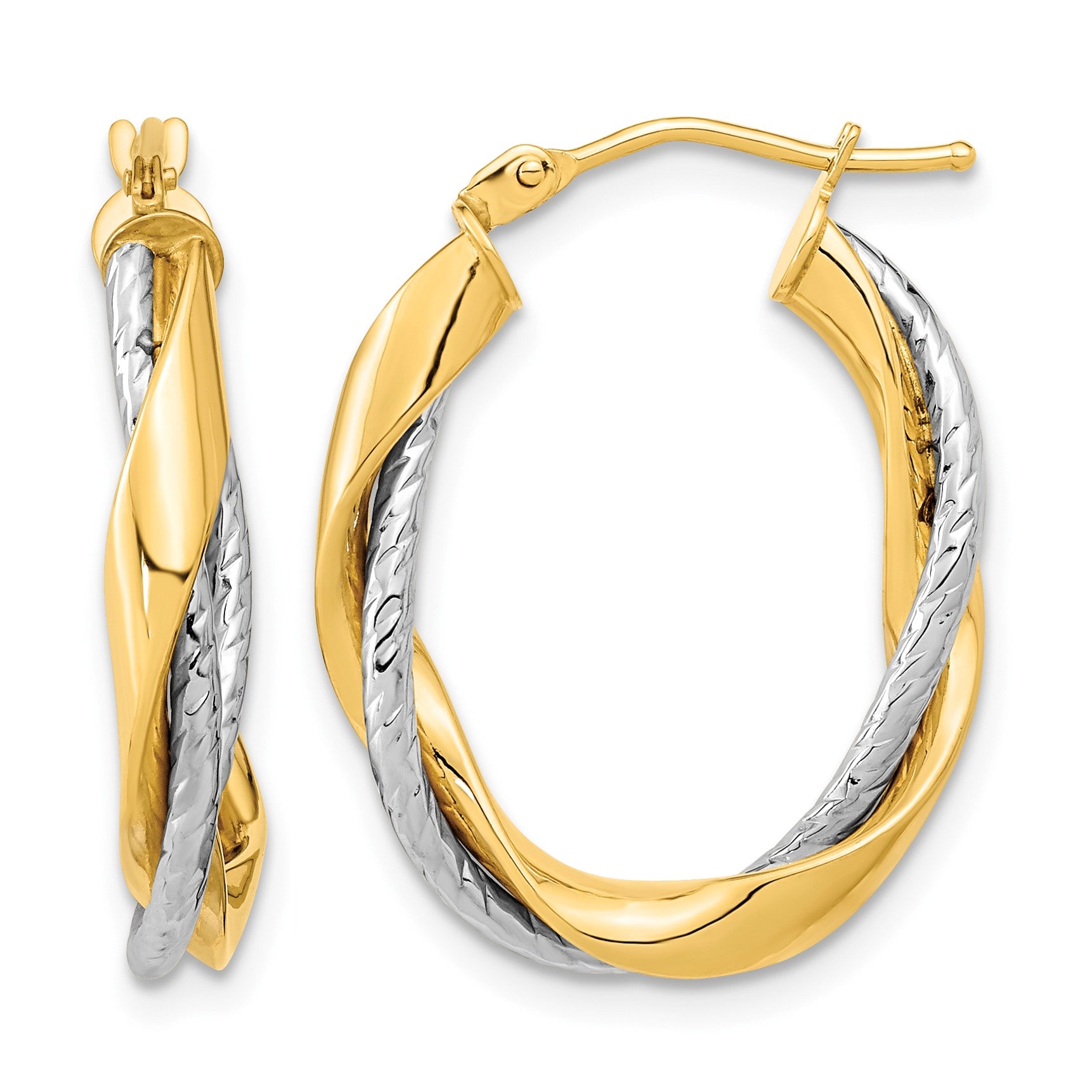 14k Two-tone Polished Rope Twisted Oval Hoop Earrings