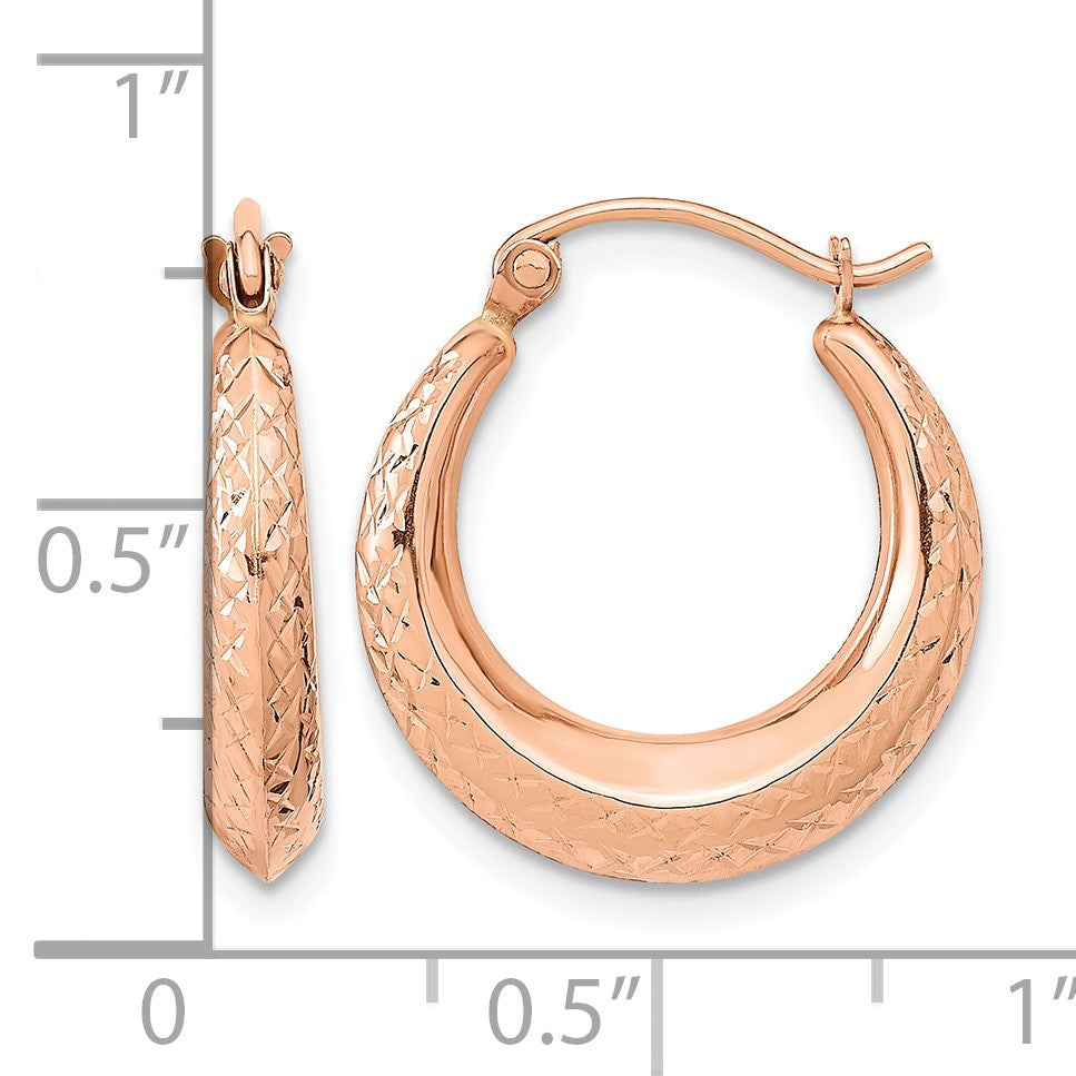 14K Rose Gold 3.25x18mm Textured Tapered Hollow Hoop Earrings