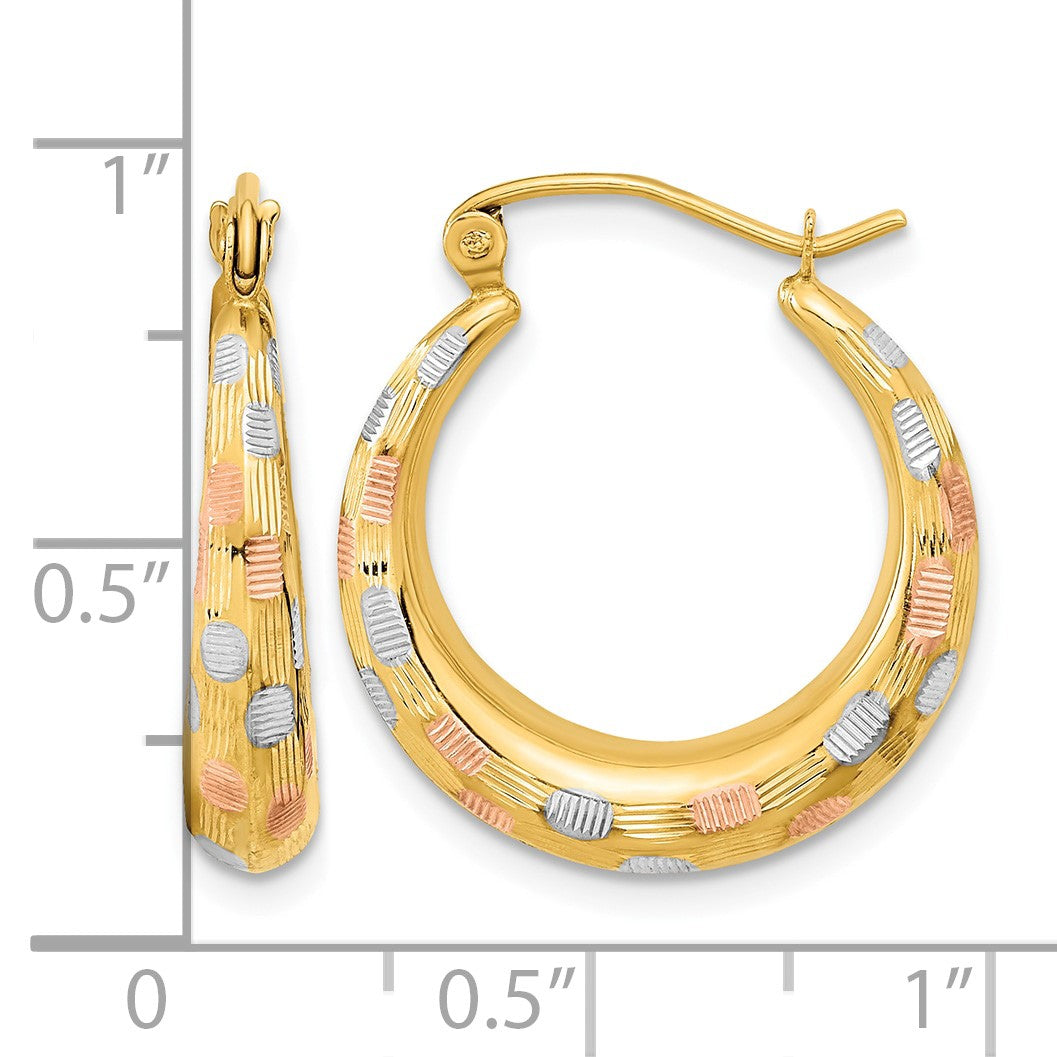 14k White and Rose Rhodium Polished Satin Diamond-cut Hoop Earrings