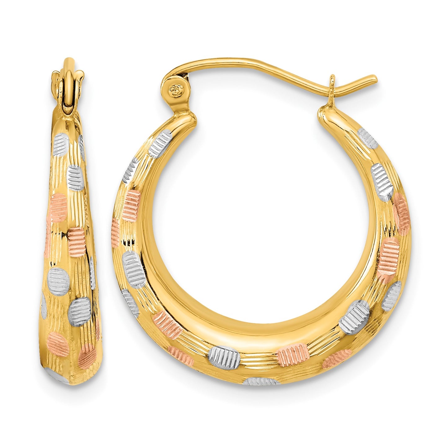14k White and Rose Rhodium Polished Satin Diamond-cut Hoop Earrings